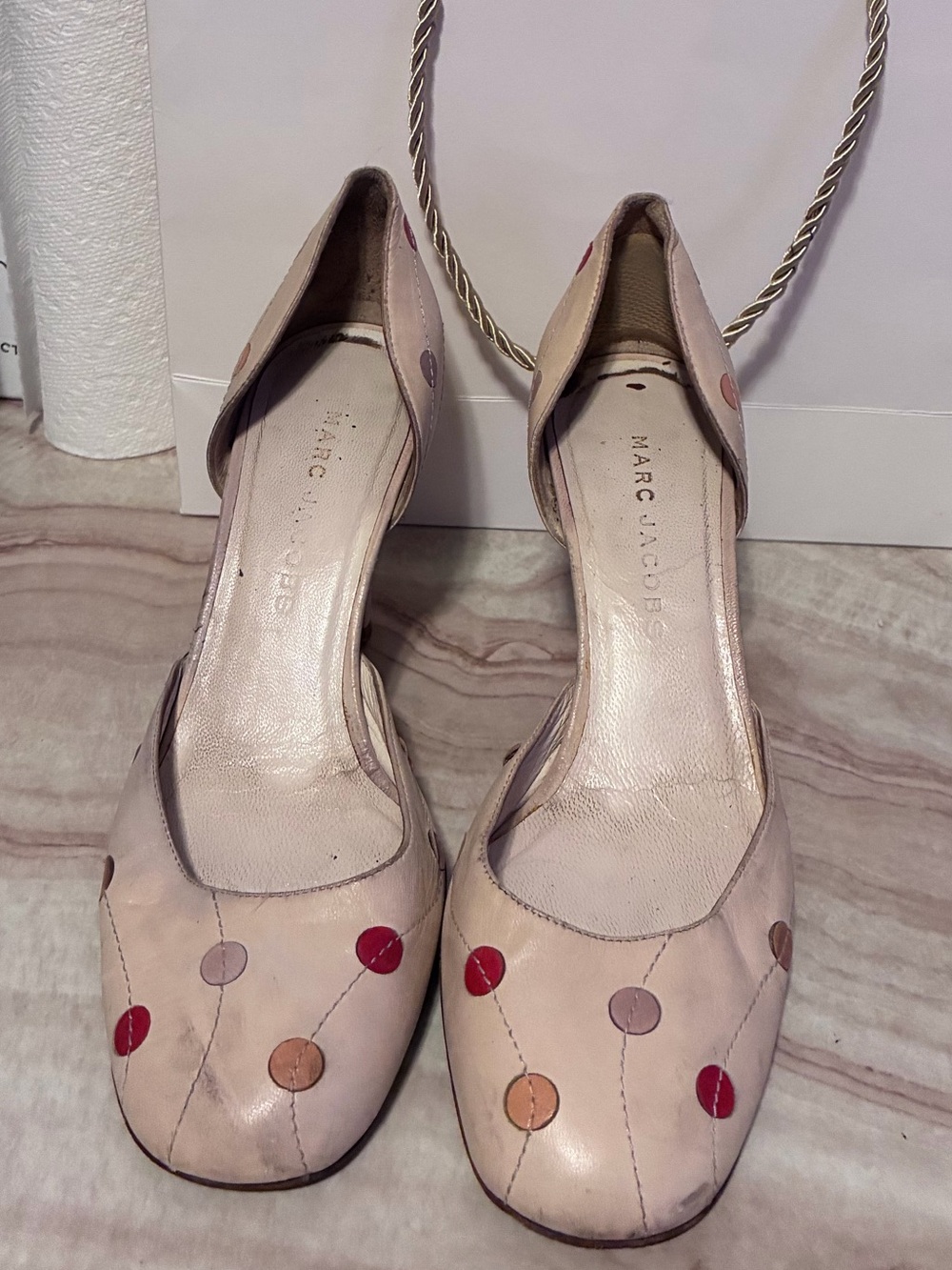 Vintage Marc Jacobs Beige Leather Flats with Multicolor Polka Dots